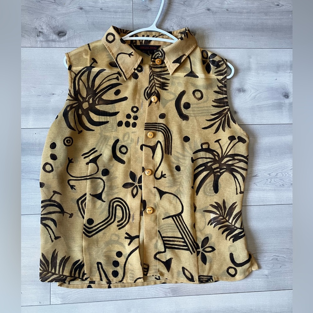 Vintage Simon Chang sand and Black Abstract Button-Front blouse in size 12